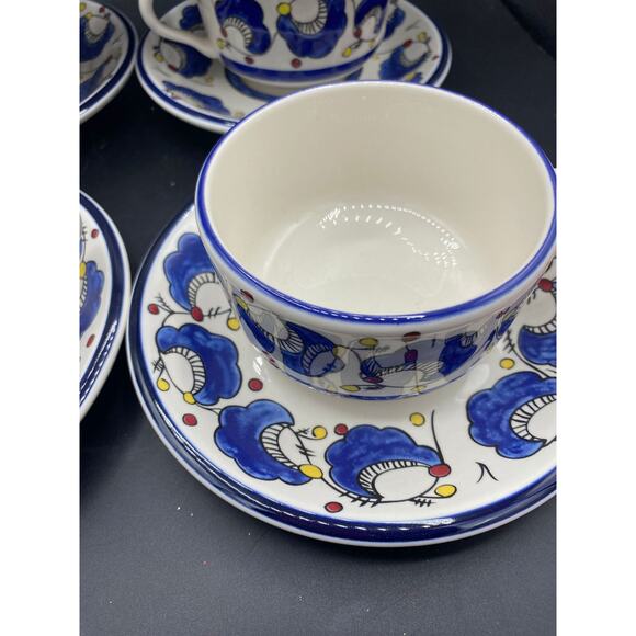 Set of 6 Vtg Buffalo China Large Cup & Saucer Restaurant Ware Blue Plumes Dots - Picture 3 of 6
